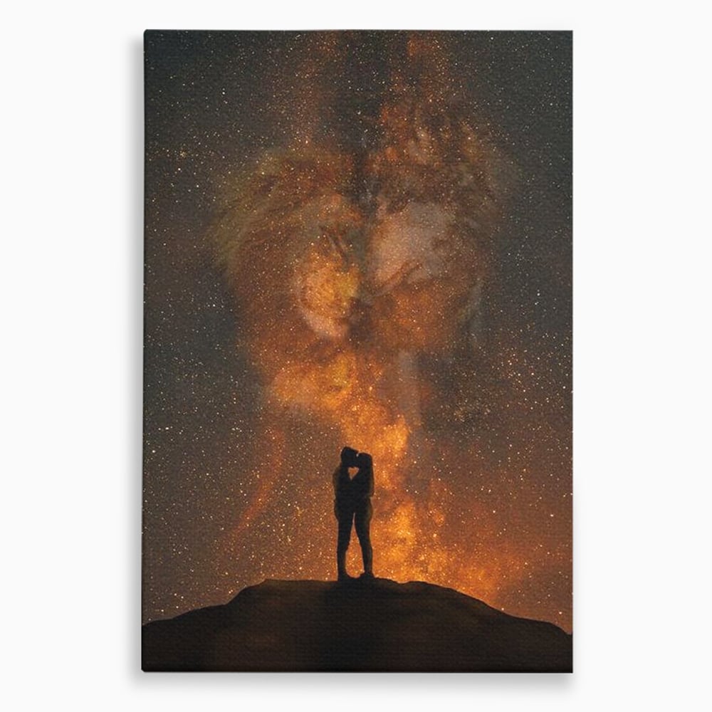Tablou canvas cu tablou canvas cu siluete de indragostiti si constelatii, fara rama, pe sasiu de lemn