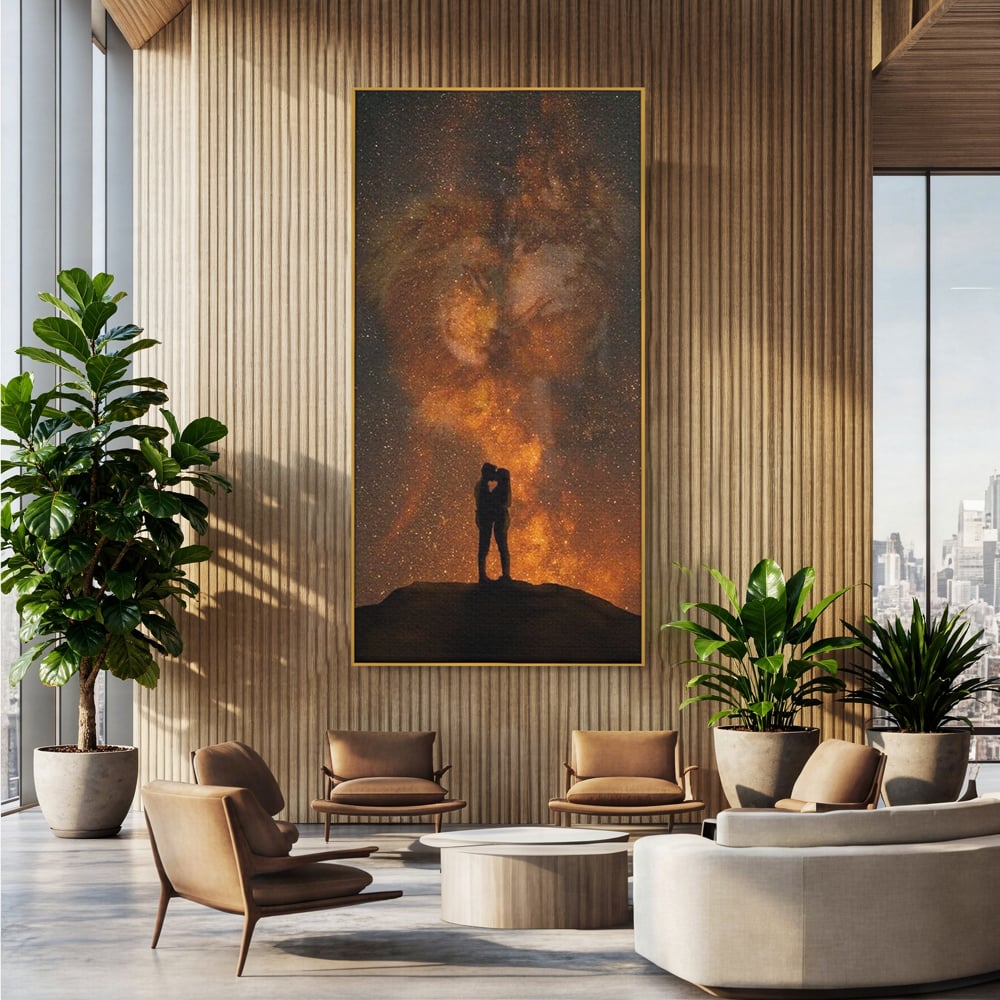 Tablou canvas cu tablou canvas cu siluete de indragostiti si constelatii, in rama de aluminiu auriu, pe perete intr-un birou