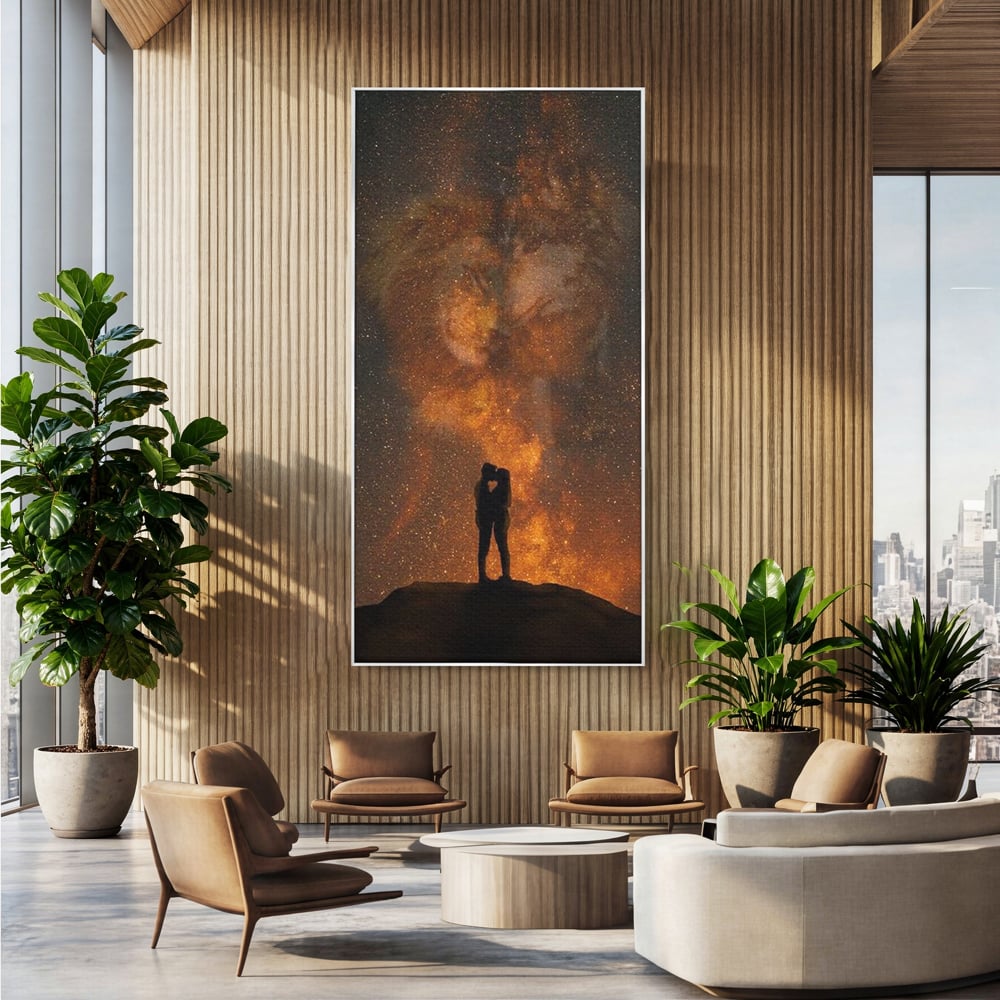 Tablou canvas cu tablou canvas cu siluete de indragostiti si constelatii, in rama de aluminiu argintiu, pe perete intr-un birou