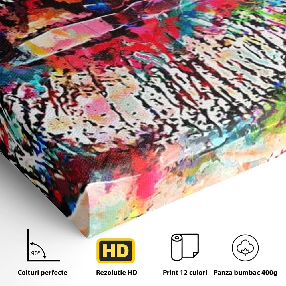Detaliu al suprafetei: tablou canvas cu buze pop art, fara rama, pe sasiu de lemn