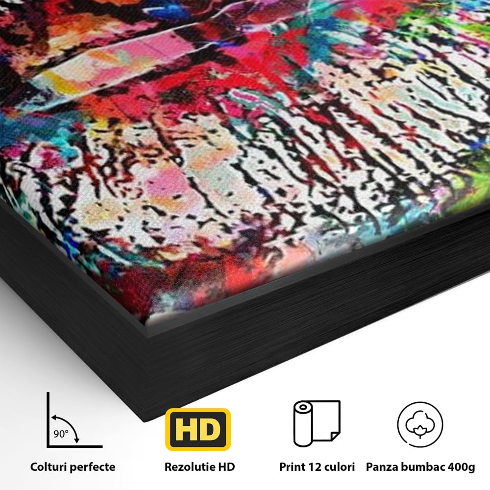 Detaliu al suprafetei: tablou canvas cu buze pop art, in rama de aluminiu negru