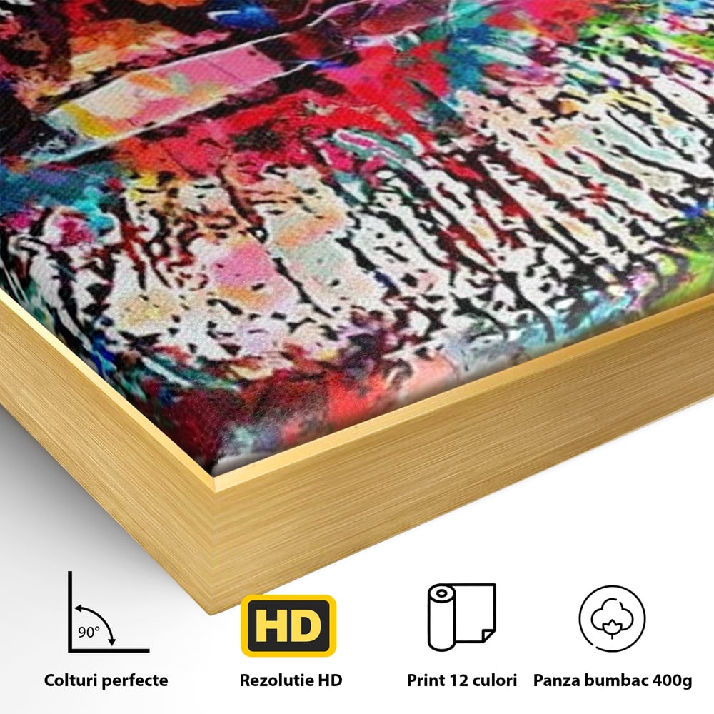 Detaliu al suprafetei: tablou canvas cu buze pop art, in rama de aluminiu auriu