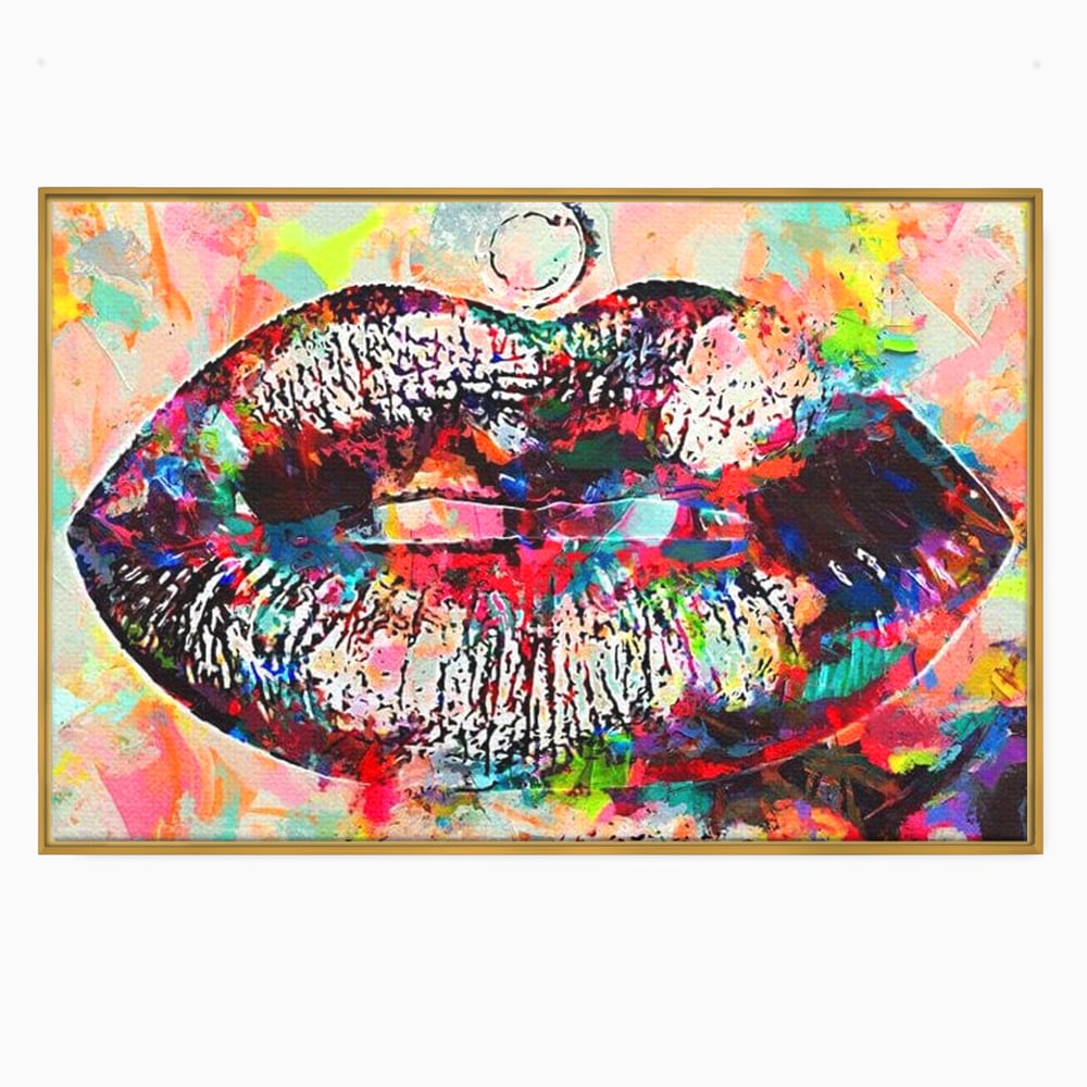 Tablou canvas cu tablou canvas cu buze pop art, in rama de aluminiu auriu