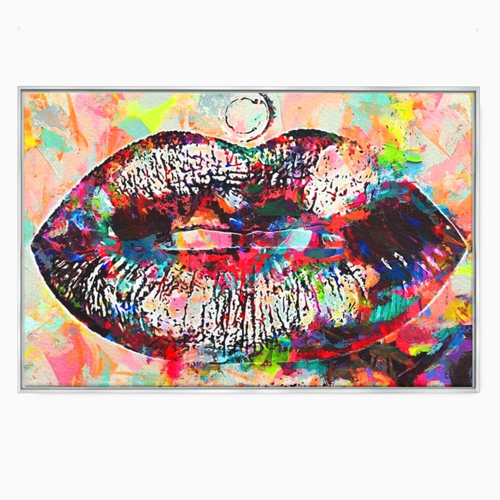 Tablou canvas cu tablou canvas cu buze pop art, in rama de aluminiu argintiu