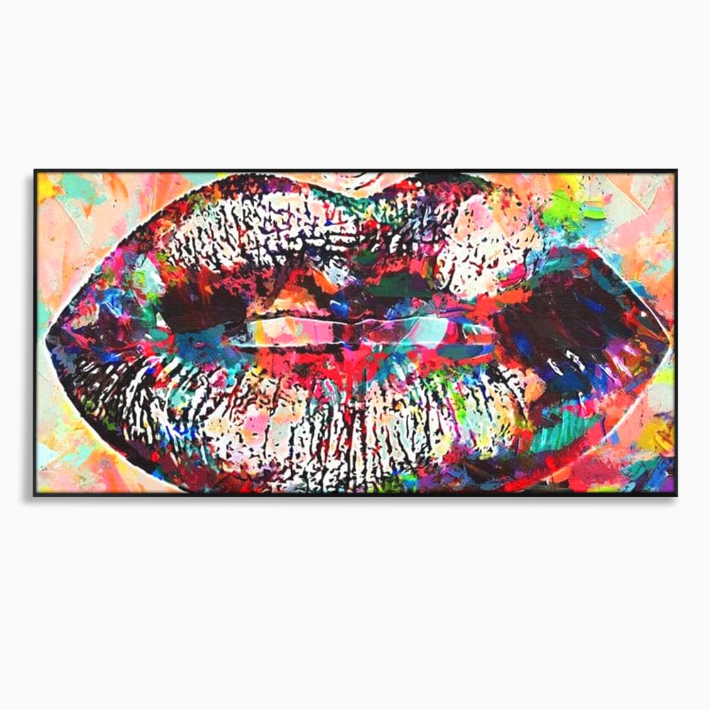 Tablou canvas cu tablou canvas cu buze pop art, in rama de aluminiu negru