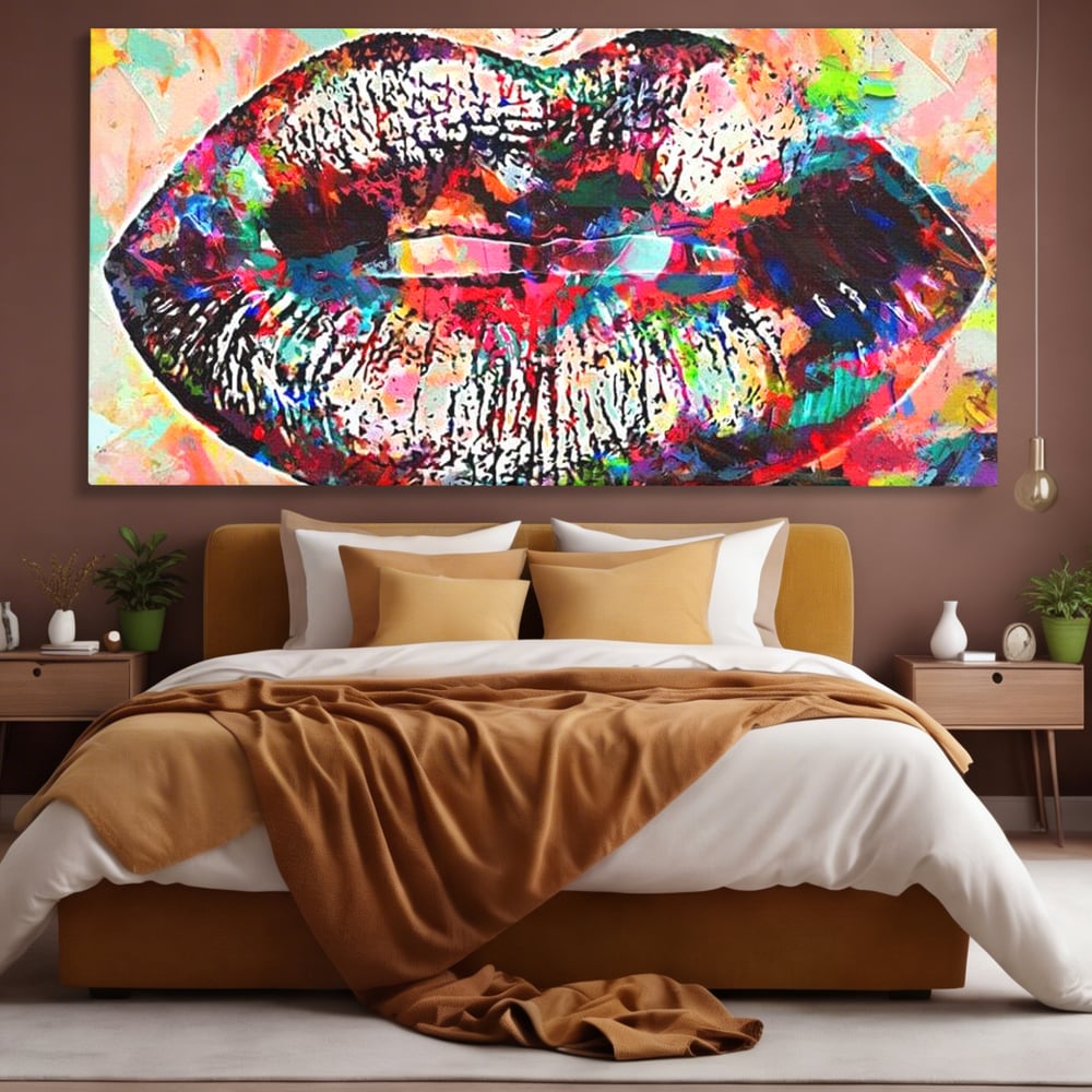 Tablou canvas cu tablou canvas cu buze pop art, fara rama, pe sasiu de lemn, pe perete intr-un dormitor