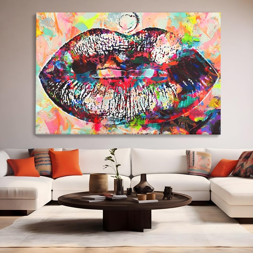 Tablou canvas cu tablou canvas cu buze pop art, fara rama, pe sasiu de lemn, pe perete intr-un living