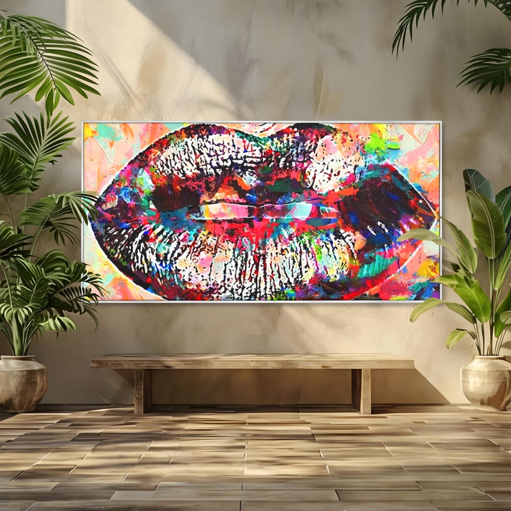 Tablou canvas cu tablou canvas cu buze pop art, in rama de aluminiu argintiu