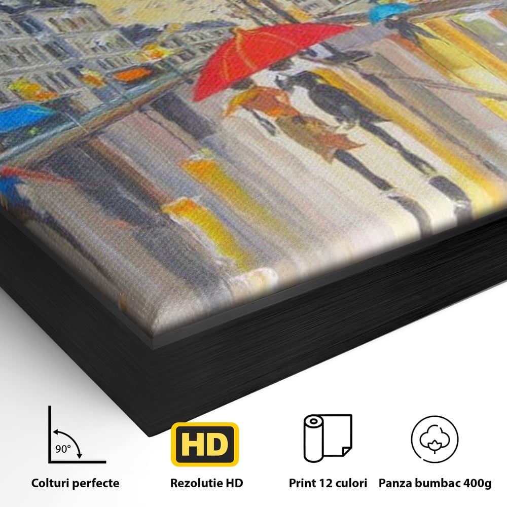 Detaliu al suprafetei: tablou canvas cu peisaj urban ploios, in rama de aluminiu negru