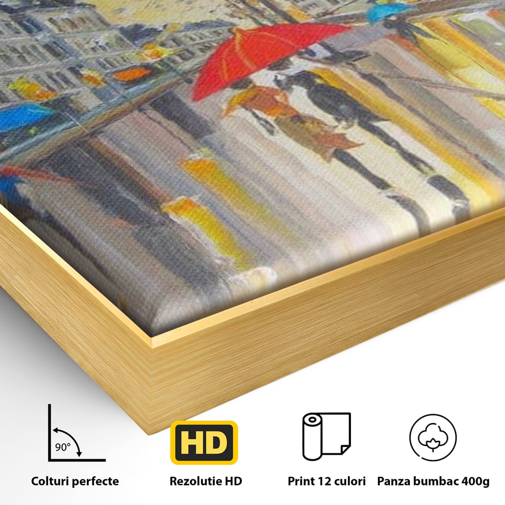 Detaliu al suprafetei: tablou canvas cu peisaj urban ploios, in rama de aluminiu auriu