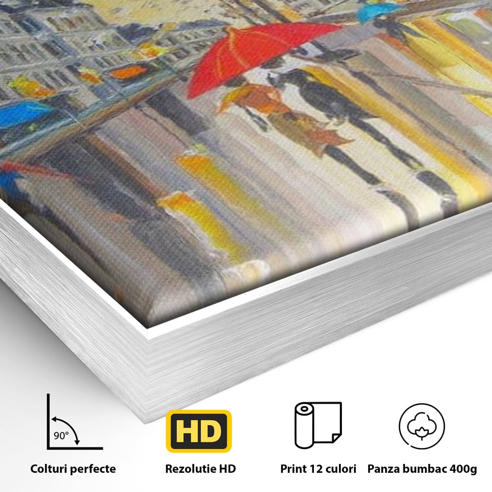 Detaliu al suprafetei: tablou canvas cu peisaj urban ploios, in rama de aluminiu argintiu