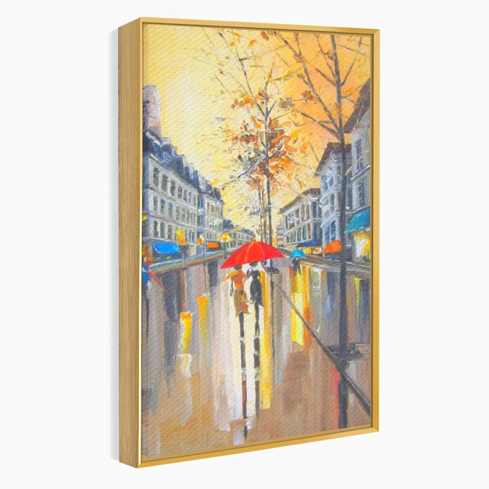 Tablou canvas cu tablou canvas cu peisaj urban ploios, in rama de aluminiu auriu