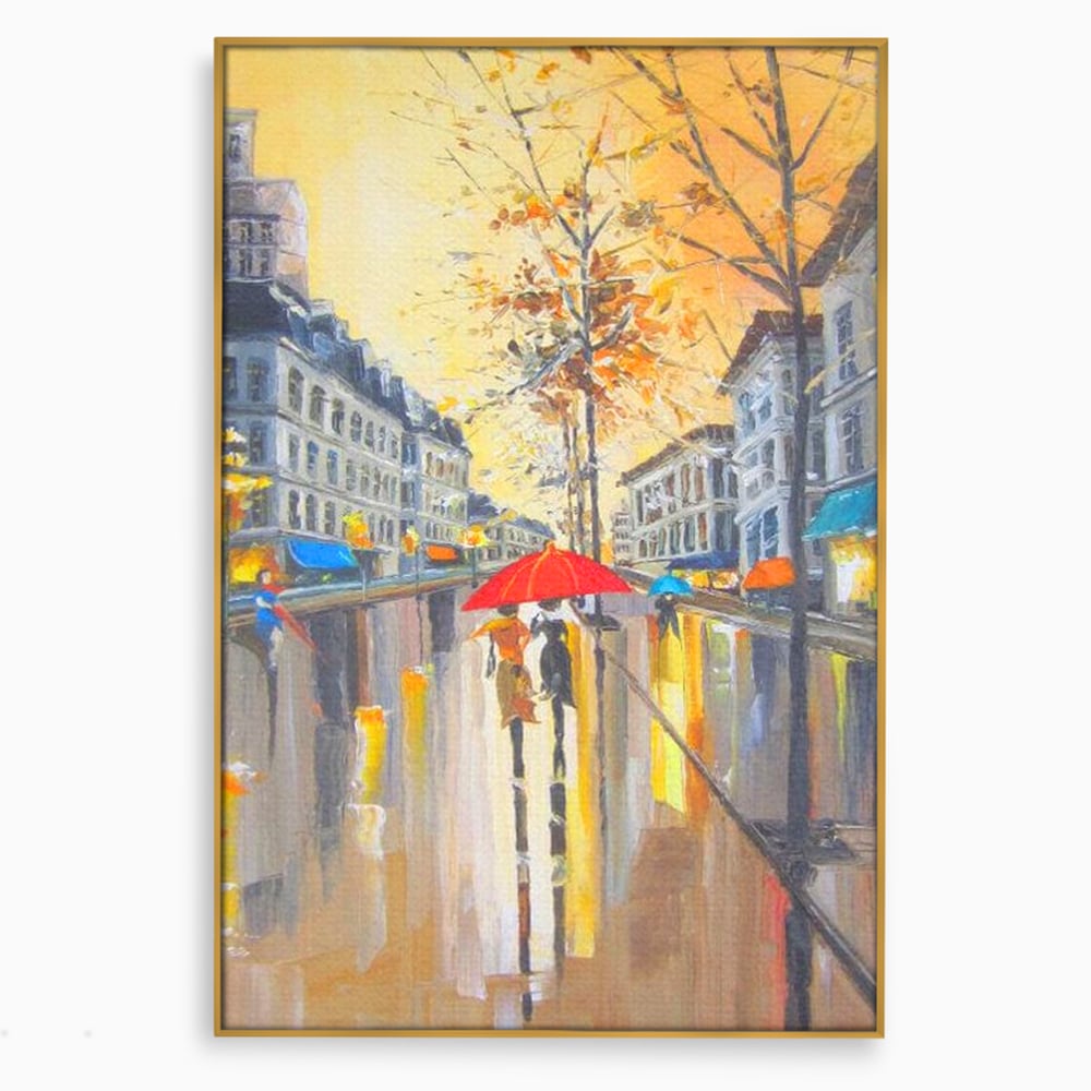 Tablou canvas cu tablou canvas cu peisaj urban ploios, in rama de aluminiu auriu