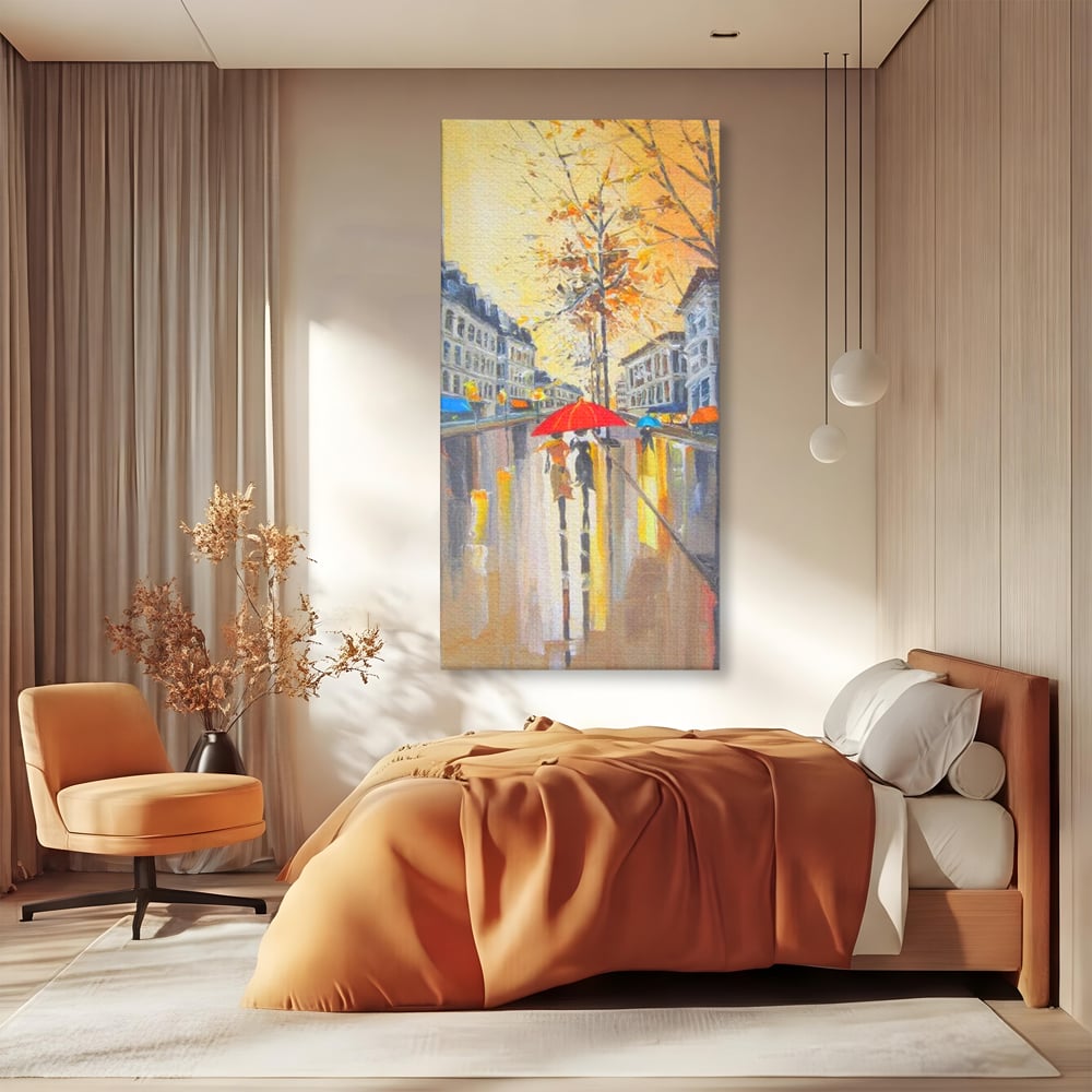 Tablou canvas cu tablou canvas cu peisaj urban ploios, fara rama, pe sasiu de lemn, pe perete intr-un dormitor