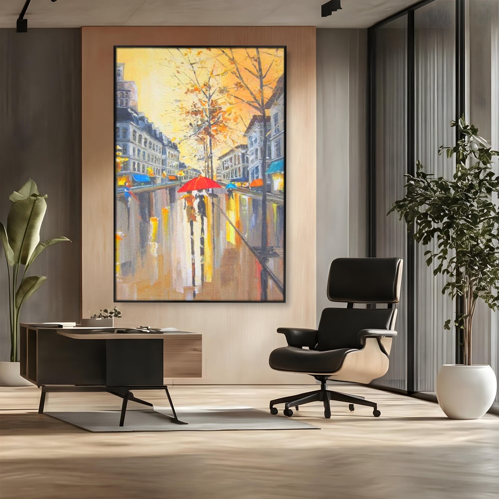 Tablou canvas cu tablou canvas cu peisaj urban ploios, in rama de aluminiu negru, pe perete intr-un birou