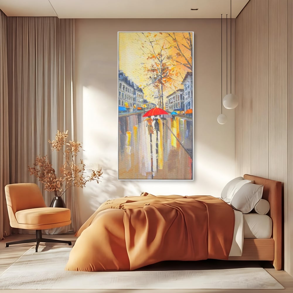 Tablou canvas cu tablou canvas cu peisaj urban ploios, in rama de aluminiu argintiu, pe perete intr-un dormitor