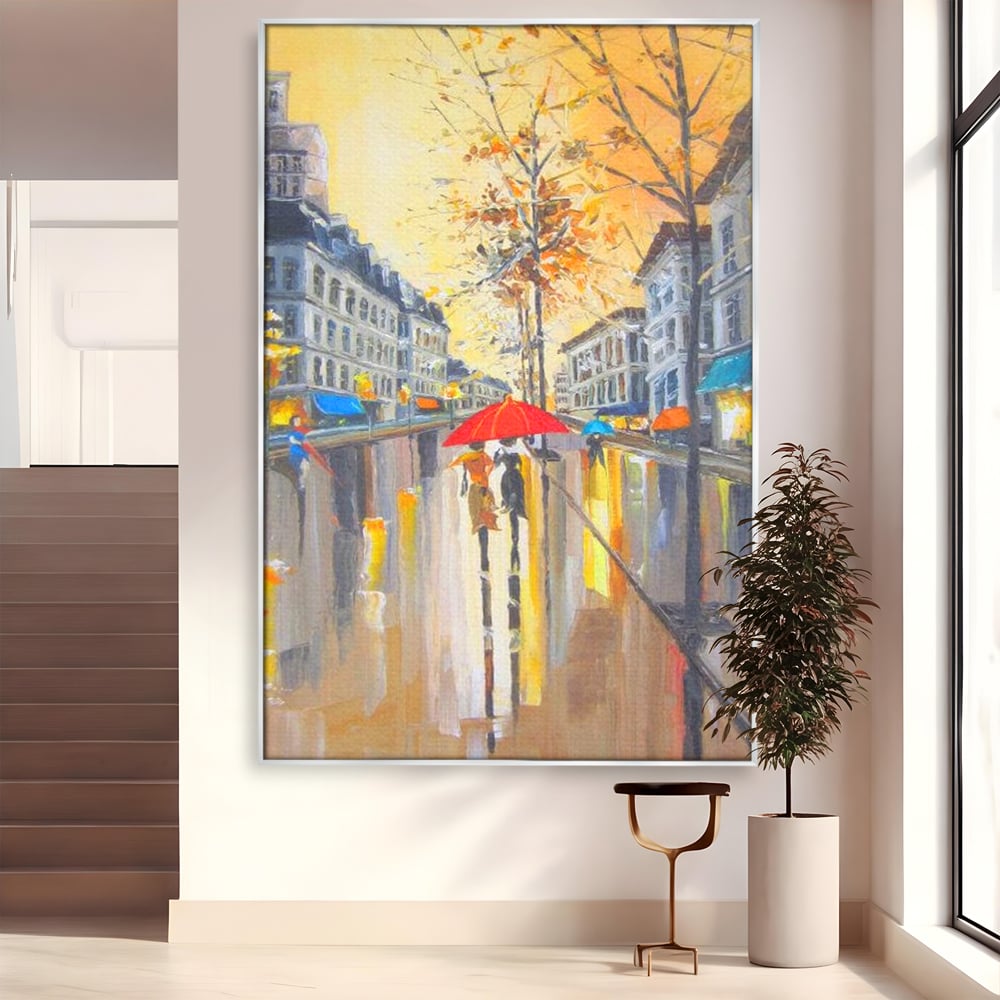 Tablou canvas cu tablou canvas cu peisaj urban ploios, in rama de aluminiu argintiu