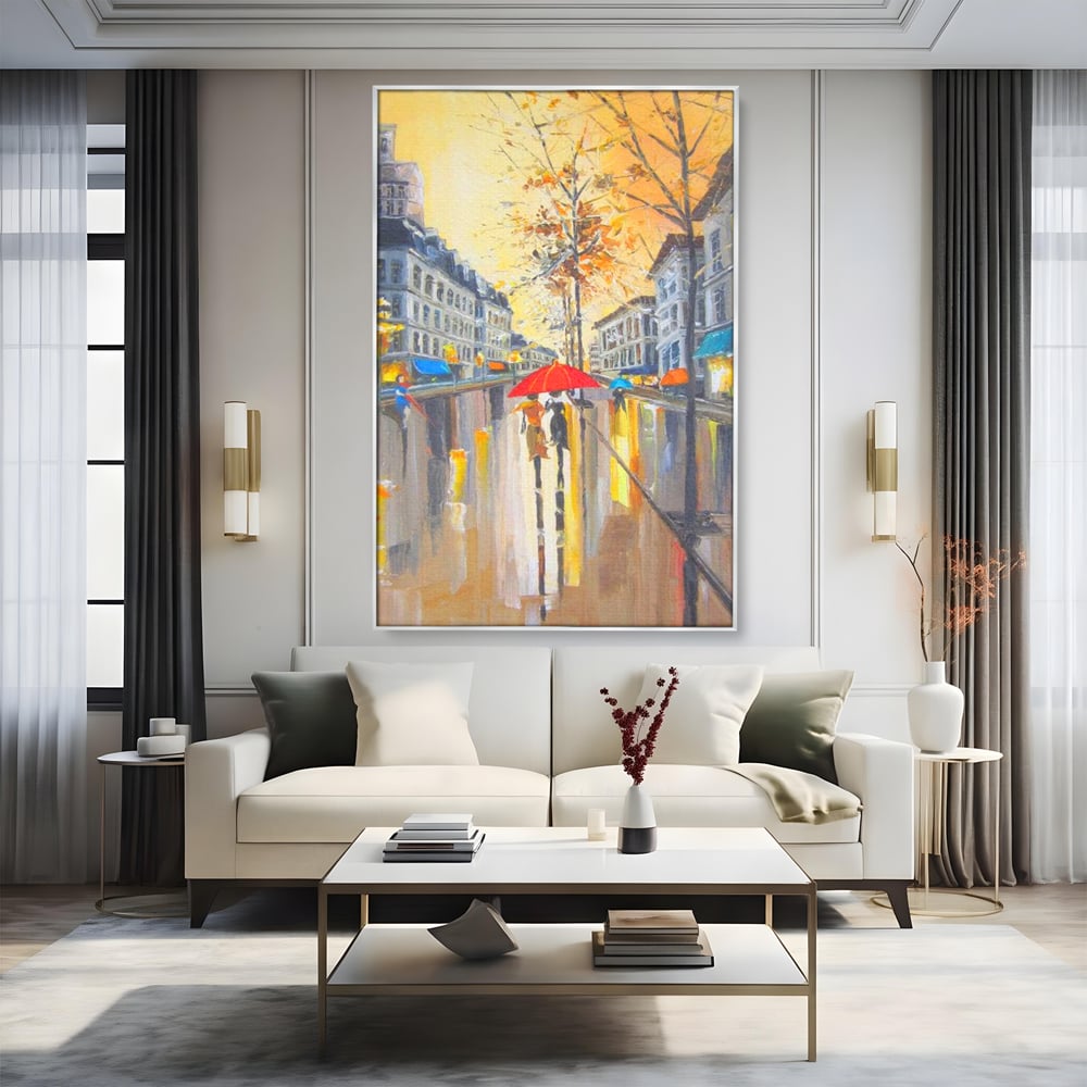 Tablou canvas cu tablou canvas cu peisaj urban ploios, in rama de aluminiu argintiu, pe perete intr-un living