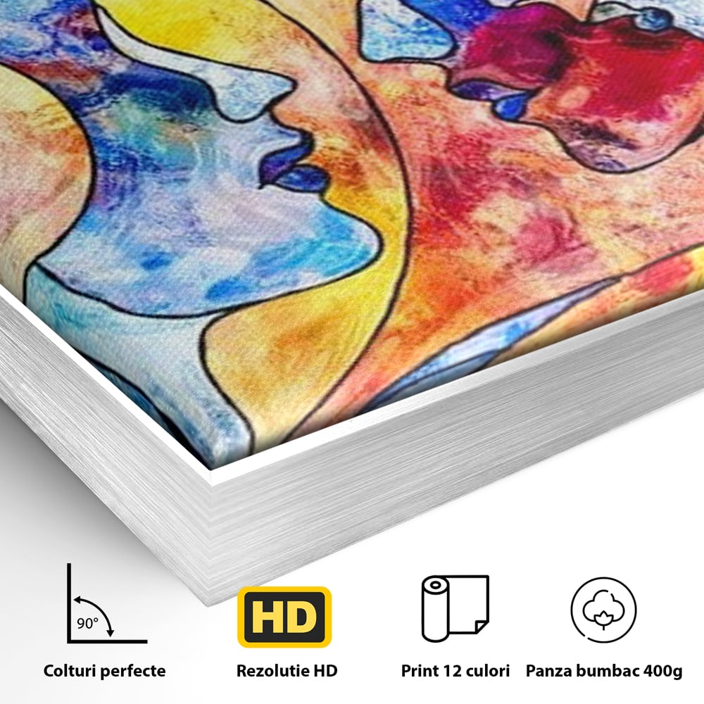 Detaliu al suprafetei: tablou canvas cu doua chipuri profil, in rama de aluminiu argintiu