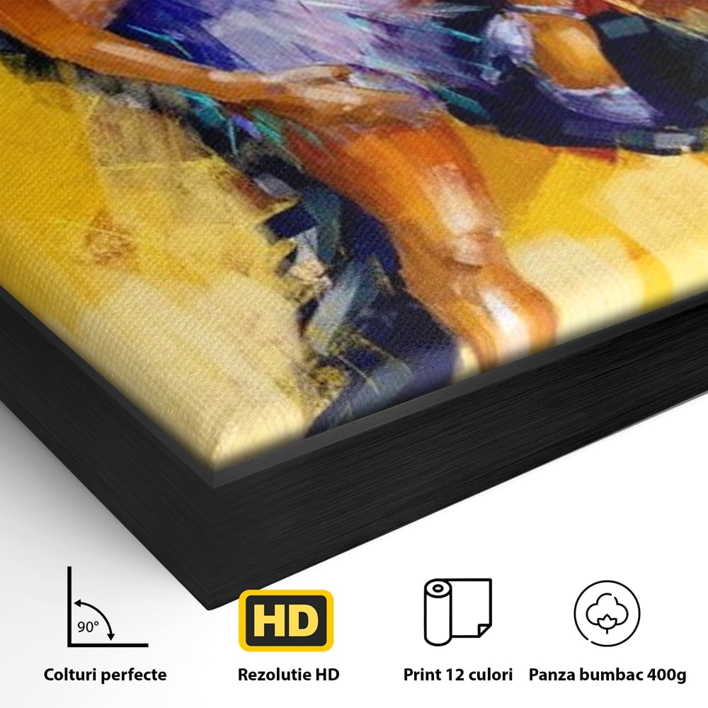 Detaliu al suprafetei: tablou canvas cu un cuplu dansand tango, in rama de aluminiu negru