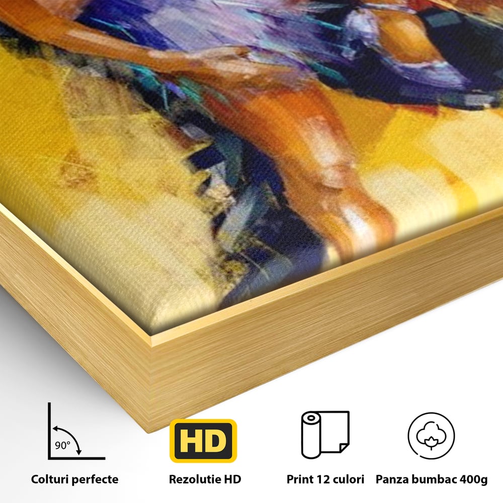 Detaliu al suprafetei: tablou canvas cu un cuplu dansand tango, in rama de aluminiu auriu
