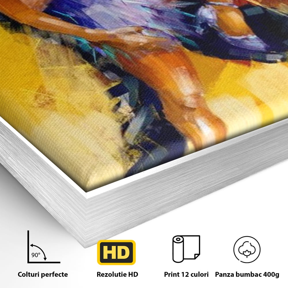 Detaliu al suprafetei: tablou canvas cu un cuplu dansand tango, in rama de aluminiu argintiu