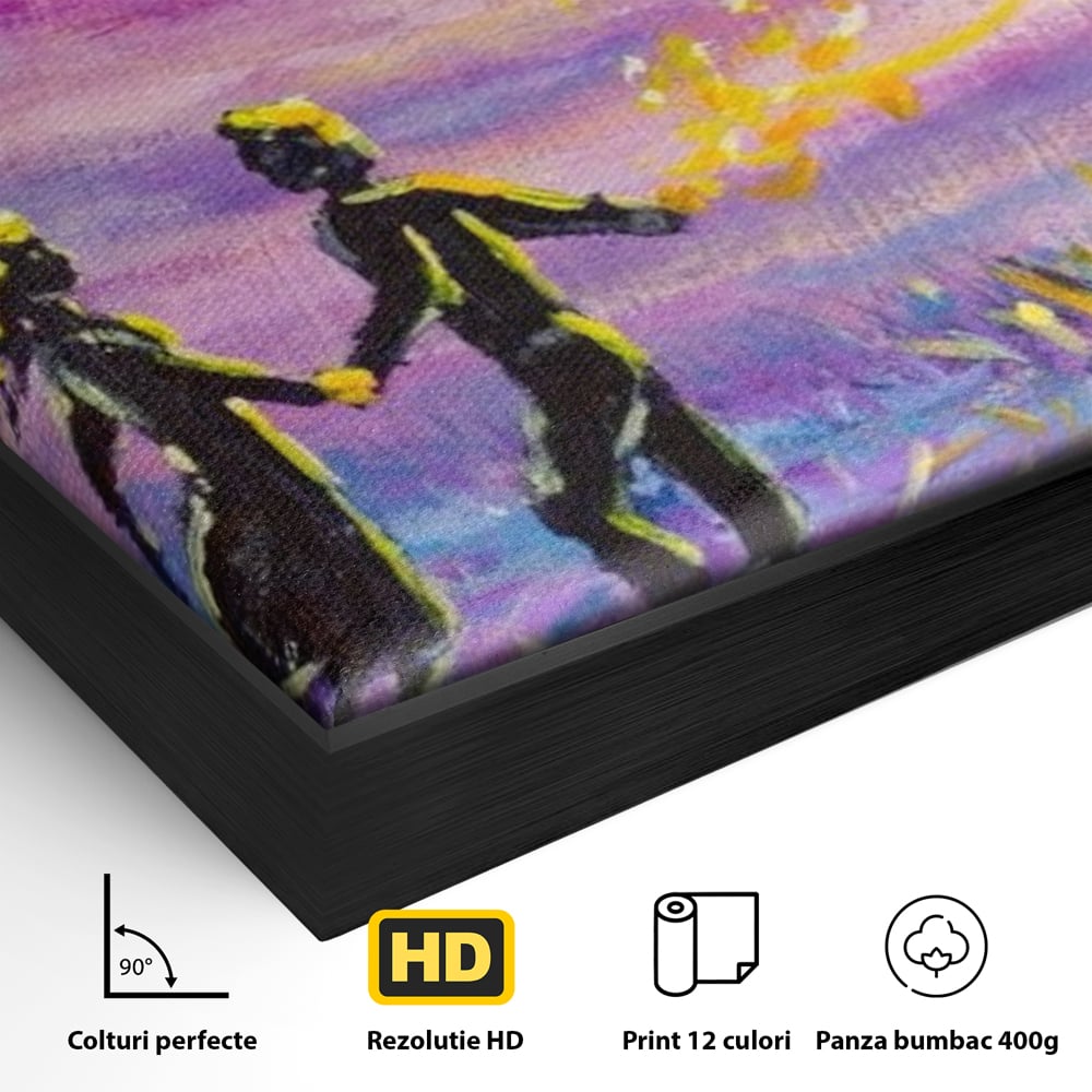 Detaliu al suprafetei: tablou canvas cuplu sub cer lila, in rama de aluminiu negru