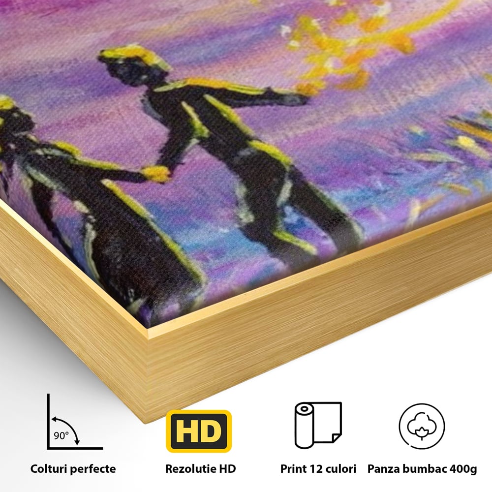 Detaliu al suprafetei: tablou canvas cuplu sub cer lila, in rama de aluminiu auriu