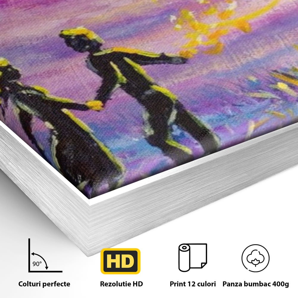 Detaliu al suprafetei: tablou canvas cuplu sub cer lila, in rama de aluminiu argintiu