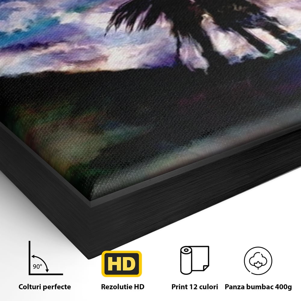Detaliu al suprafetei: tablou canvas cu cuplu sarutandu-se sub cerul instelat, in rama de aluminiu negru