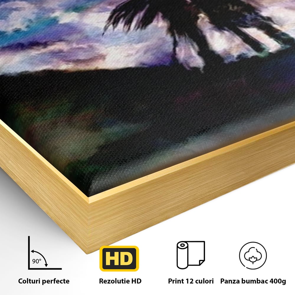 Detaliu al suprafetei: tablou canvas cu cuplu sarutandu-se sub cerul instelat, in rama de aluminiu auriu
