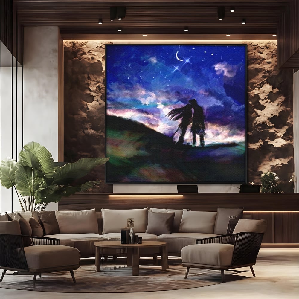 Tablou canvas cu tablou canvas cu cuplu sarutandu-se sub cerul instelat, in rama de aluminiu negru, pe perete intr-un birou
