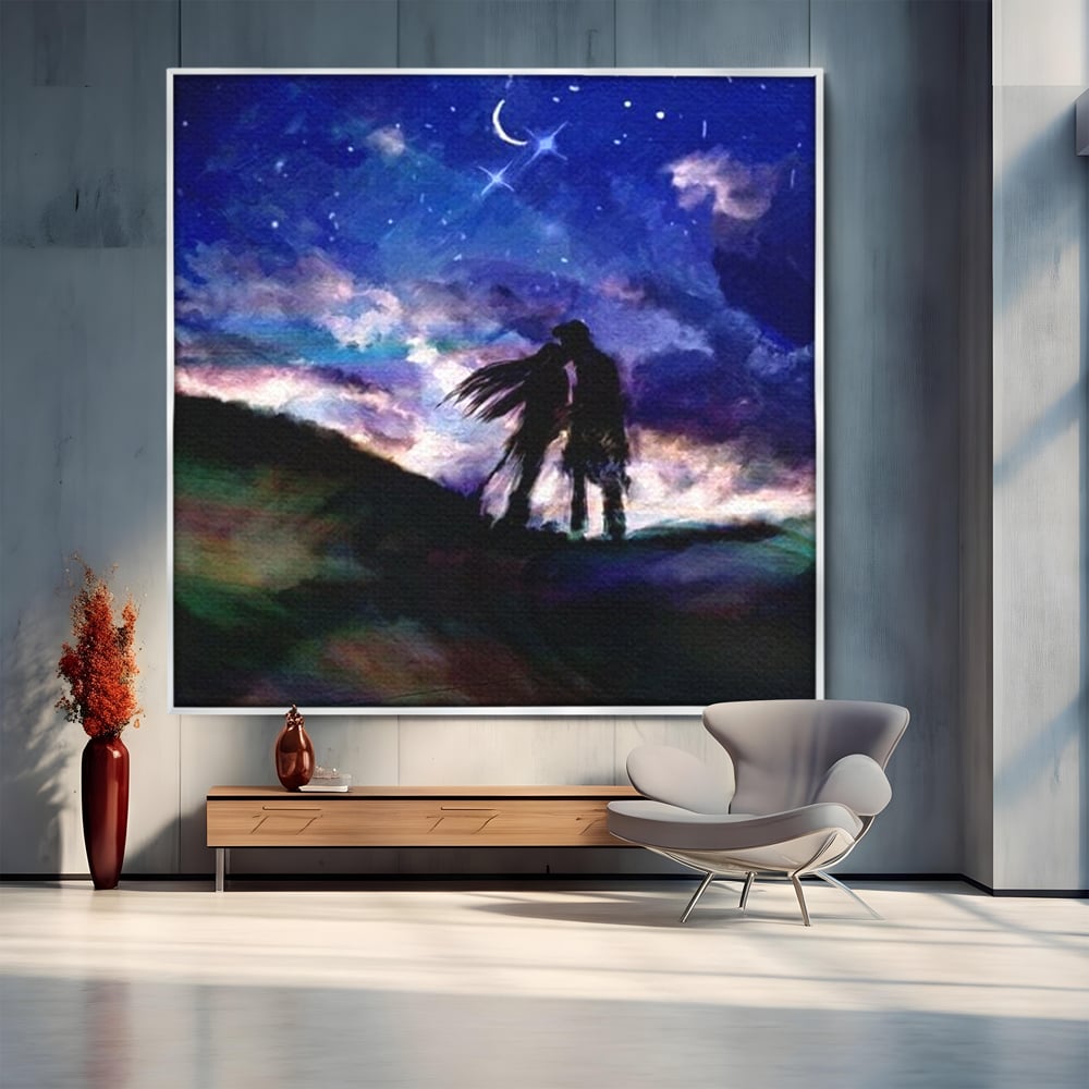 Tablou canvas cu tablou canvas cu cuplu sarutandu-se sub cerul instelat, in rama de aluminiu argintiu