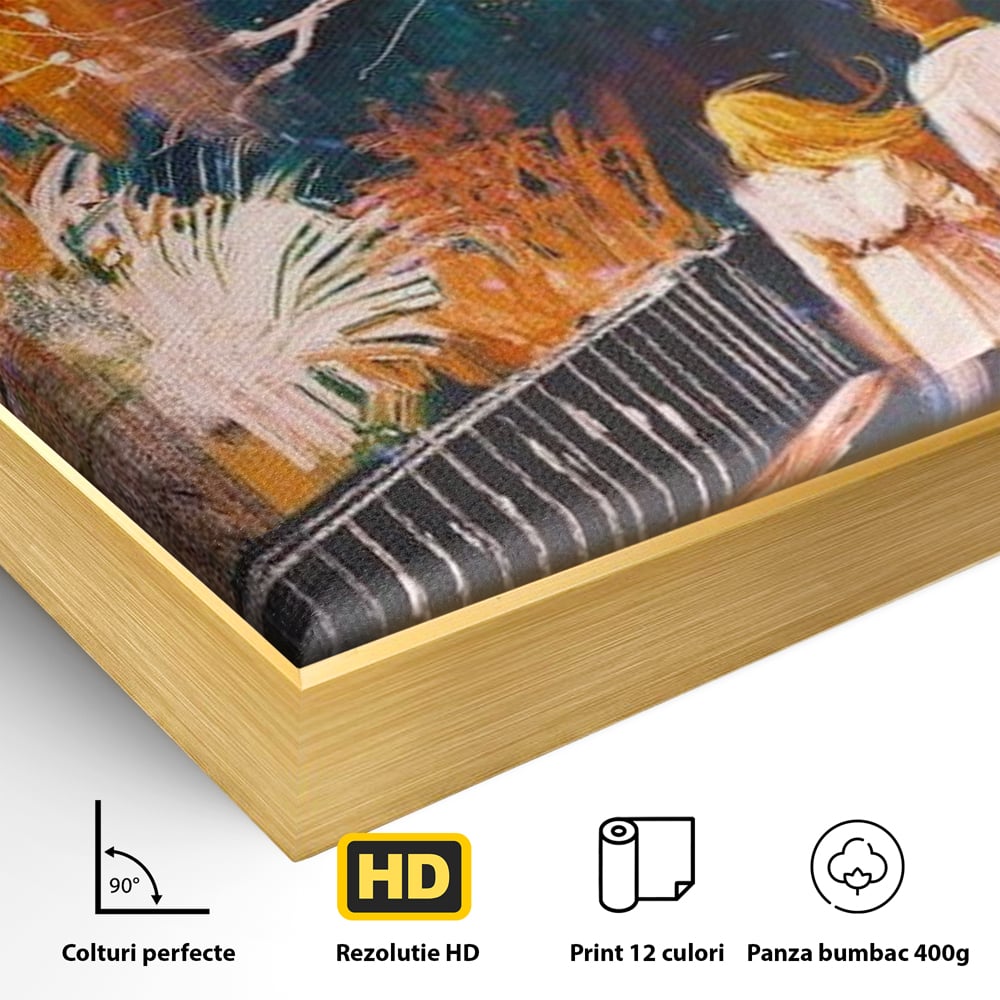 Detaliu al suprafetei: tablou canvas cuplu in parc toamna, in rama de aluminiu auriu