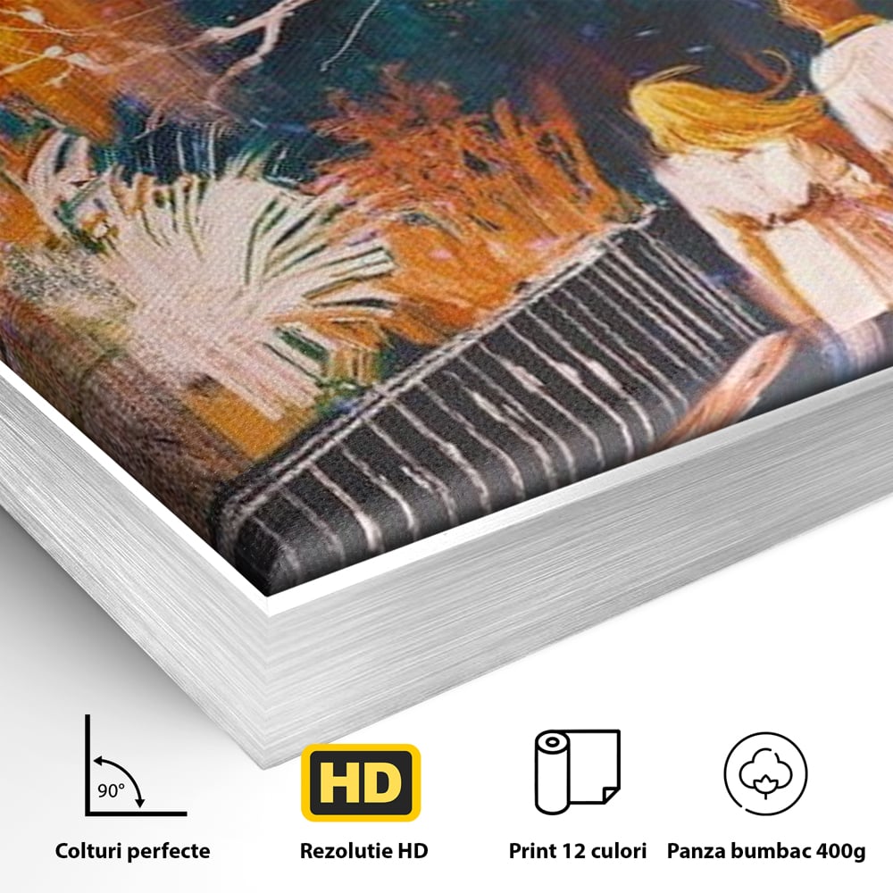 Detaliu al suprafetei: tablou canvas cuplu in parc toamna, in rama de aluminiu argintiu