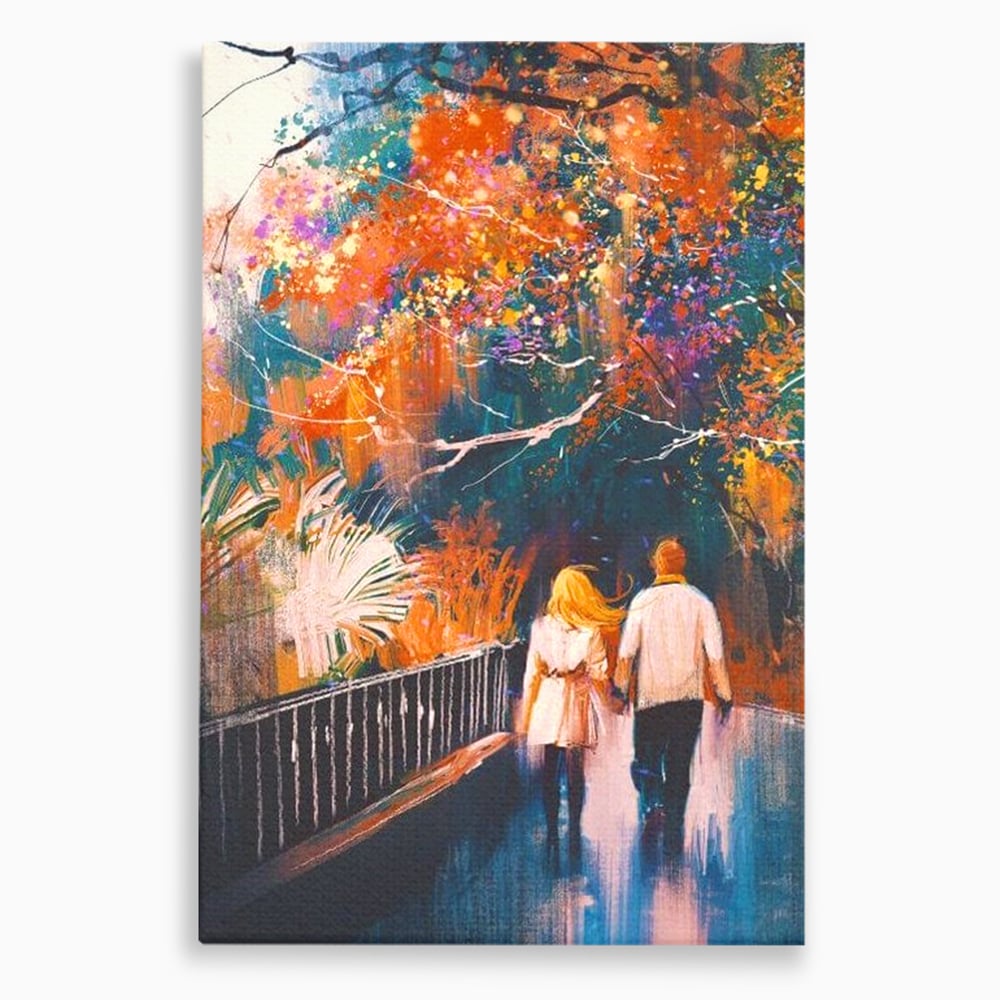 Tablou canvas cu tablou canvas cuplu in parc toamna, fara rama, pe sasiu de lemn