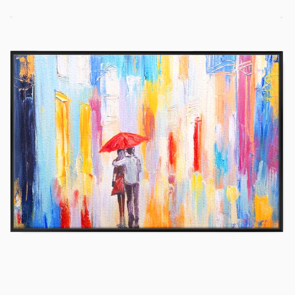 Tablou canvas cu pictura cu un cuplu sub umbrela, in rama de aluminiu negru