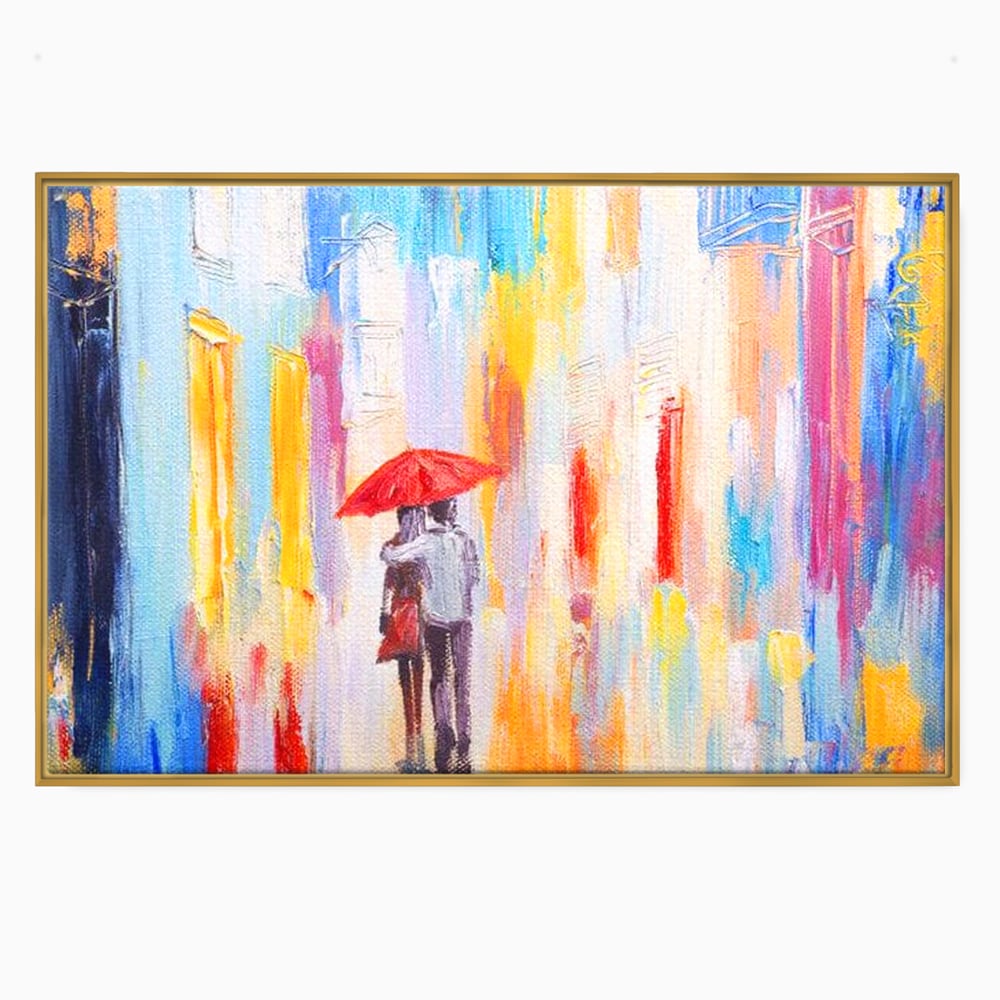 Tablou canvas cu pictura cu un cuplu sub umbrela, in rama de aluminiu auriu