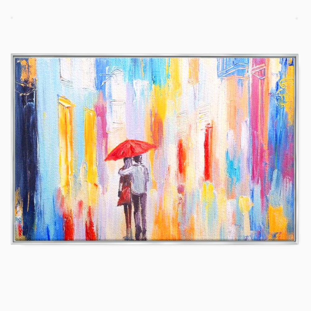 Tablou canvas cu pictura cu un cuplu sub umbrela, in rama de aluminiu argintiu