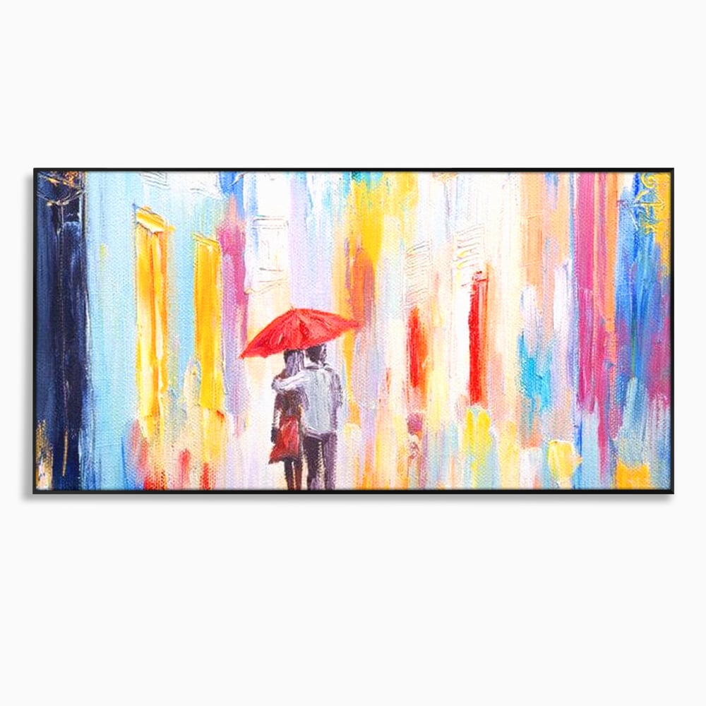 Tablou canvas cu pictura cu un cuplu sub umbrela, in rama de aluminiu negru