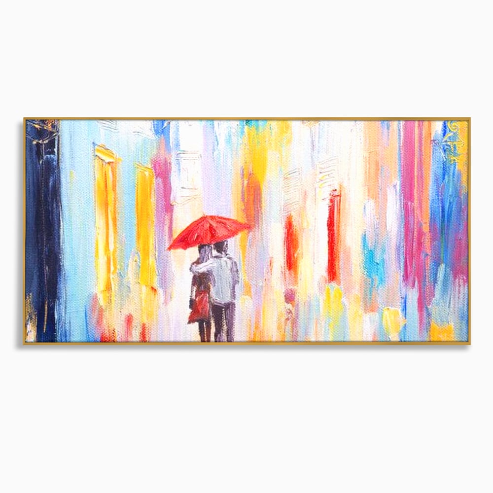 Tablou canvas cu pictura cu un cuplu sub umbrela, in rama de aluminiu auriu