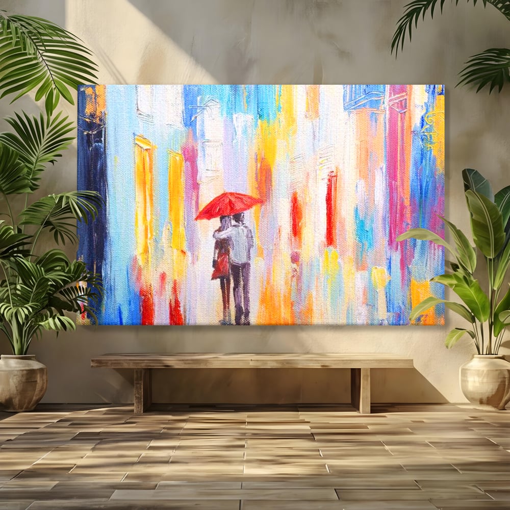 Tablou canvas cu pictura cu un cuplu sub umbrela, fara rama, pe sasiu de lemn