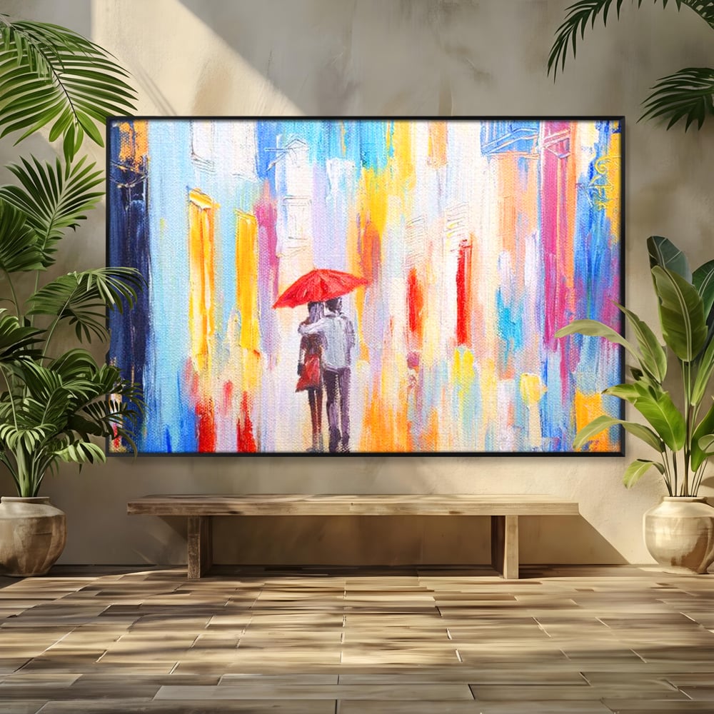 Tablou canvas cu pictura cu un cuplu sub umbrela, in rama de aluminiu negru