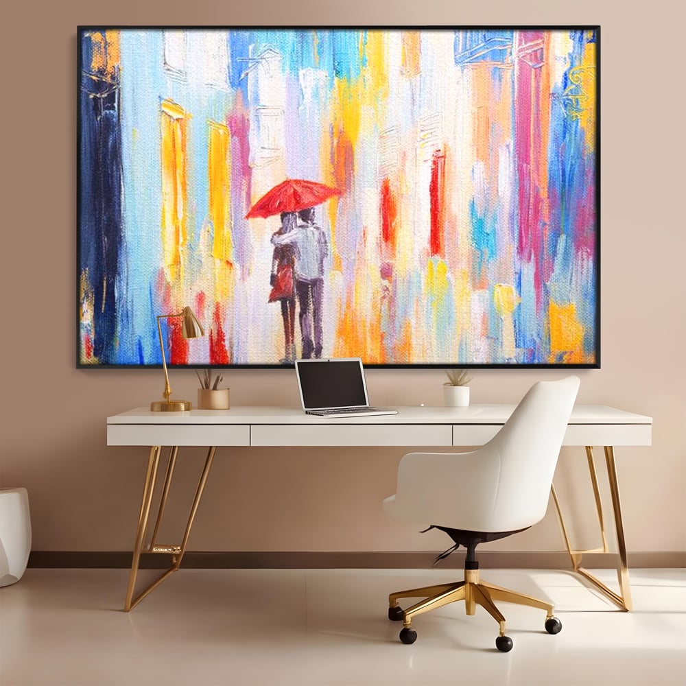 Tablou canvas cu pictura cu un cuplu sub umbrela, in rama de aluminiu negru, pe perete intr-un birou