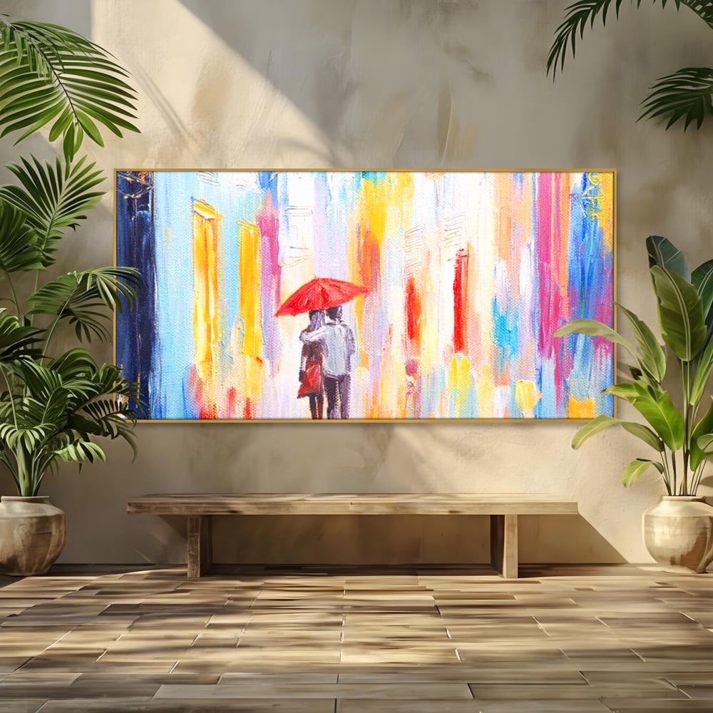 Tablou canvas cu pictura cu un cuplu sub umbrela, in rama de aluminiu auriu