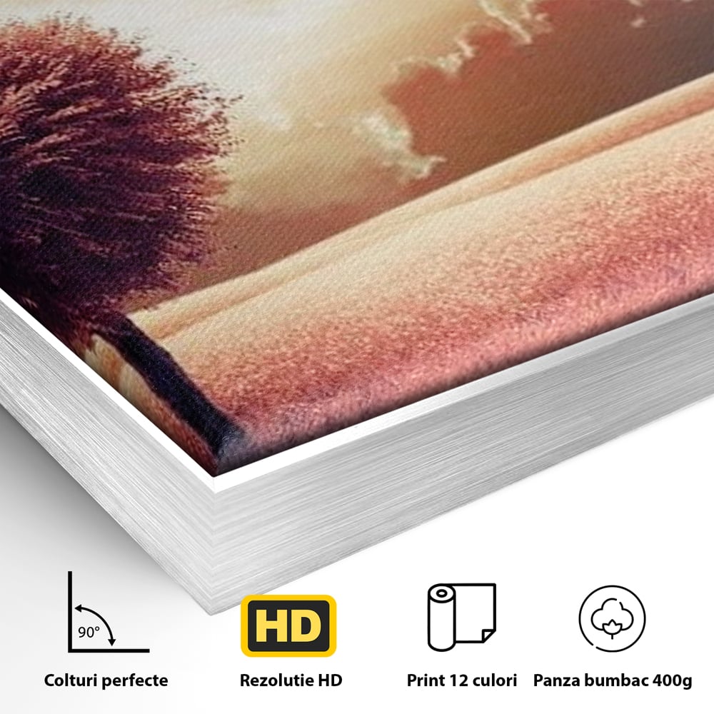 Detaliu al suprafetei: tablou canvas cu un copac in forma de inima, in rama de aluminiu argintiu
