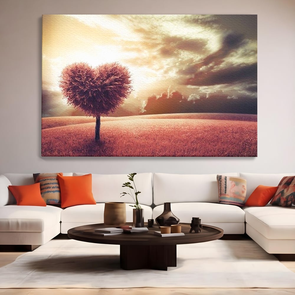 Tablou canvas cu tablou canvas cu un copac in forma de inima, fara rama, pe sasiu de lemn, pe perete intr-un living