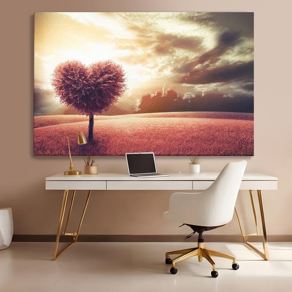 Tablou canvas cu tablou canvas cu un copac in forma de inima, fara rama, pe sasiu de lemn, pe perete intr-un birou