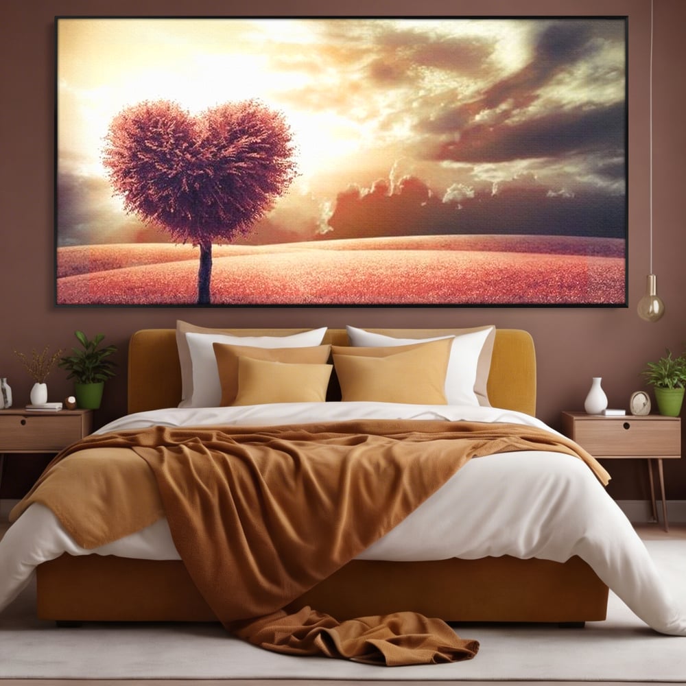 Tablou canvas cu tablou canvas cu un copac in forma de inima, in rama de aluminiu negru, pe perete intr-un dormitor