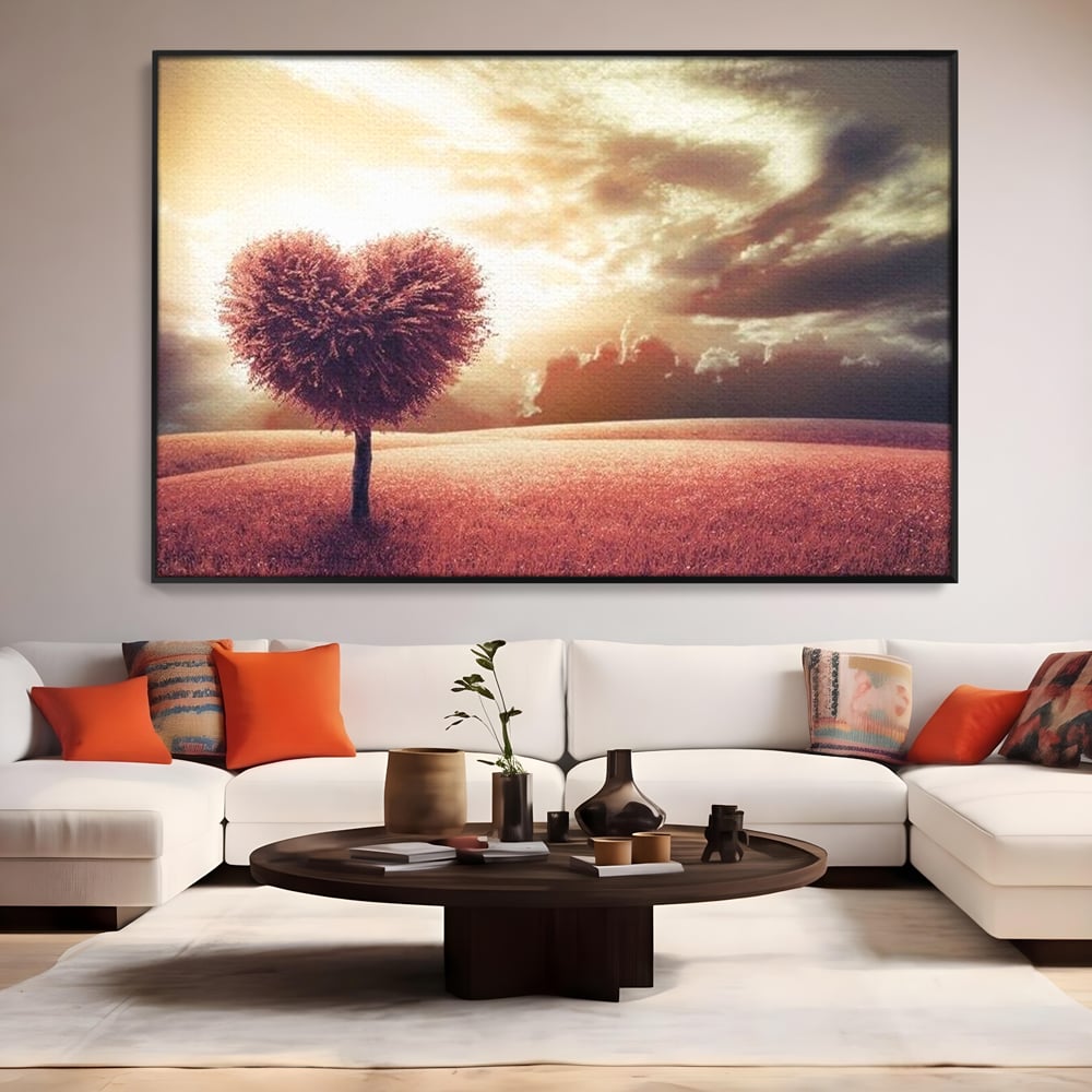 Tablou canvas cu tablou canvas cu un copac in forma de inima, in rama de aluminiu negru, pe perete intr-un living